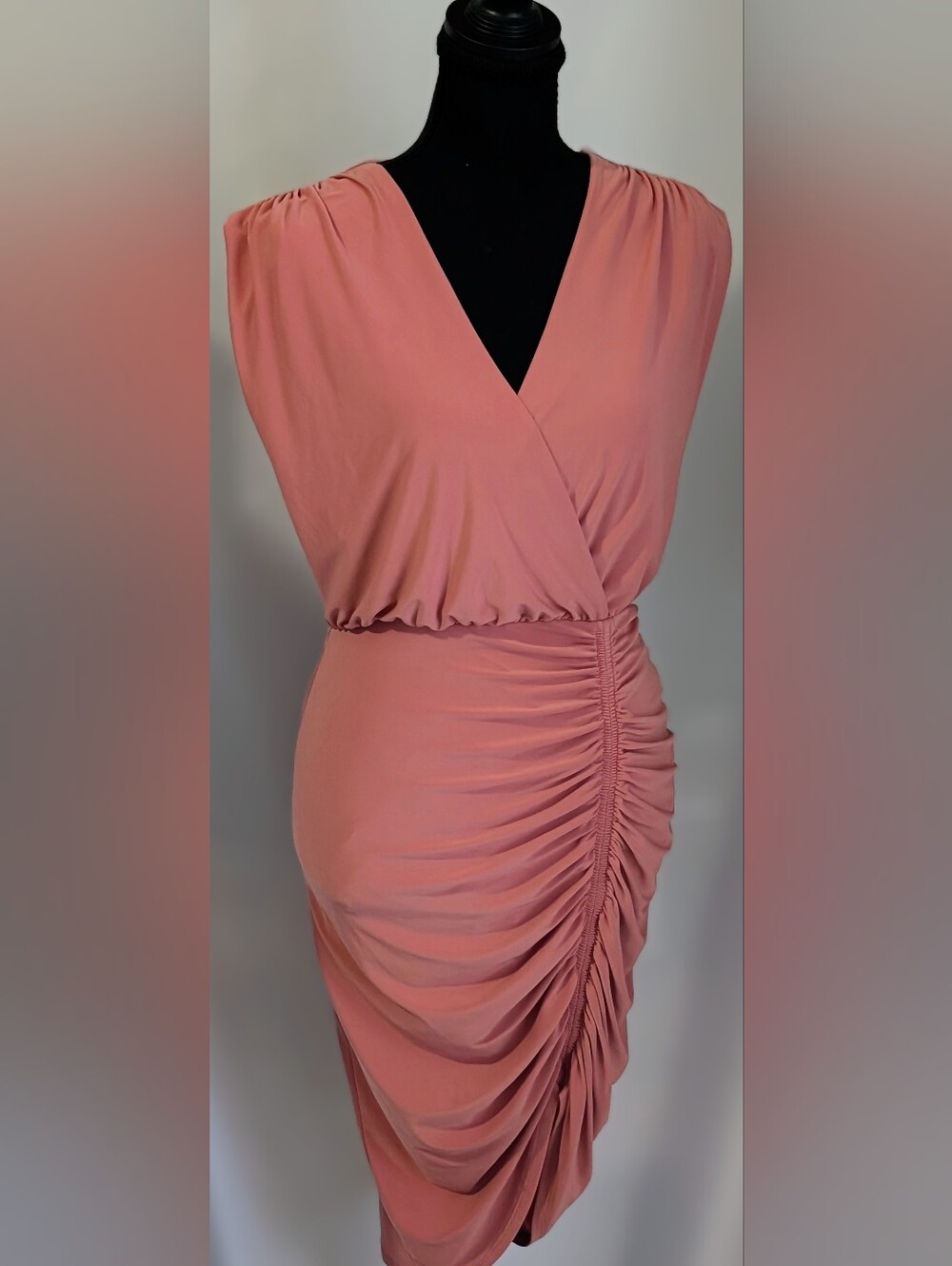 Express XS Dusty coral / Peach pink Draped Asymmetrical Bodycon Midi Dress